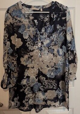 Soft Surroundings Black and Cream Floral Blouse